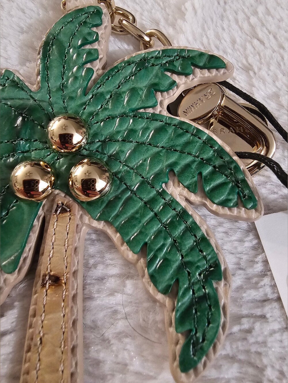 Brahmin Palm Tree Genuine Leather Bag Charm Keychain NWT Green Gold Cream - Picture 5 of 7